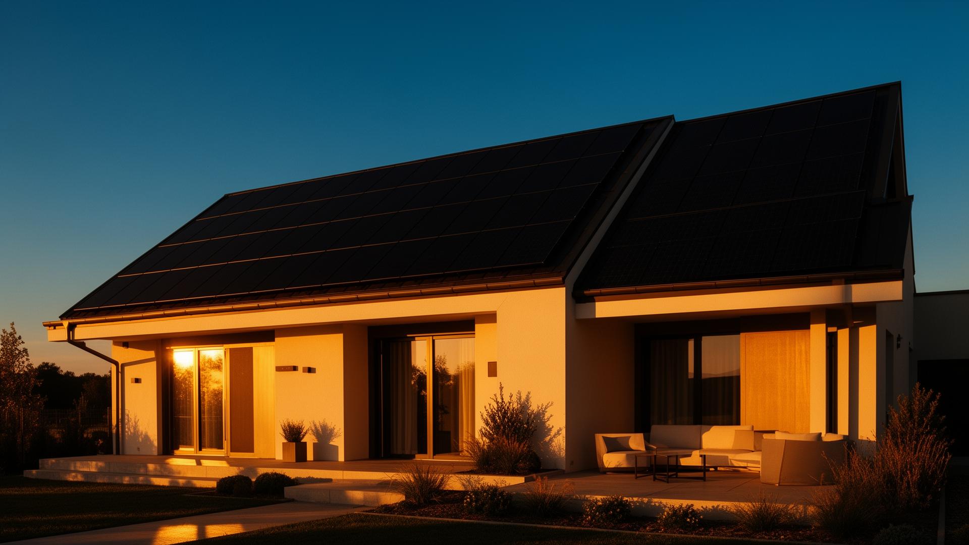 Modern home with solar panels at golden hour